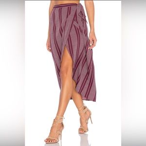 Band of Gypsies Pin Stripe High Low Midi Wrap Skirt. Burgundy and Ivory.